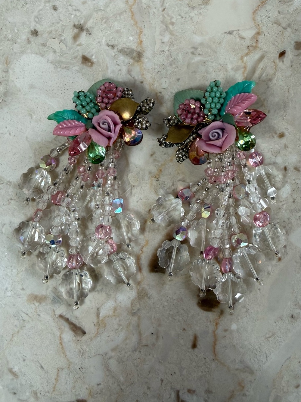 Vintage-Inspired Pink & Green Floral Drop Earrings with Crystal Beads Clip on